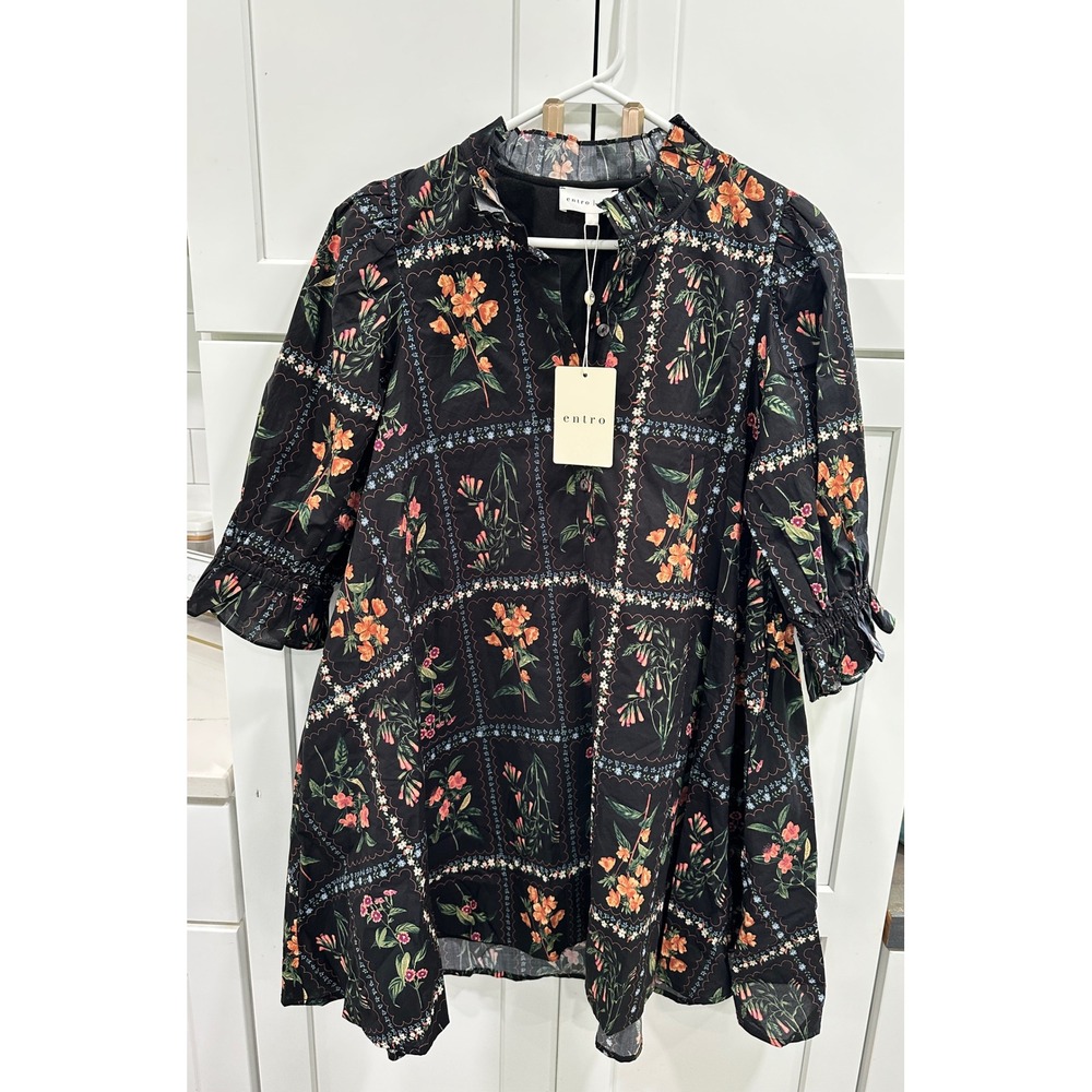 Entro Black Floral Patchwork Mini Dress Ruffle Neck Puff Sleeve Pockets D27056 S